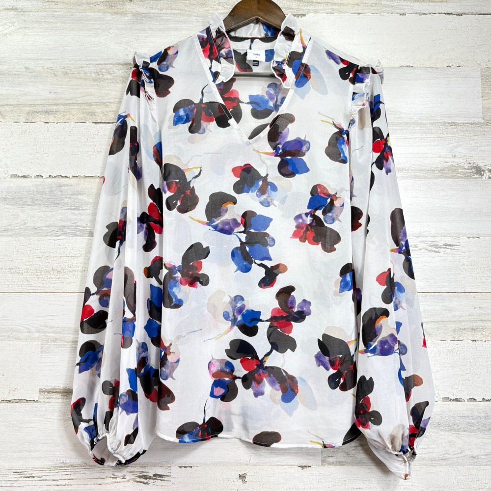 Cabi 4426 White Abstract Floral Ruffle V-Neck Balloon Sleeve Blouse M Sheer